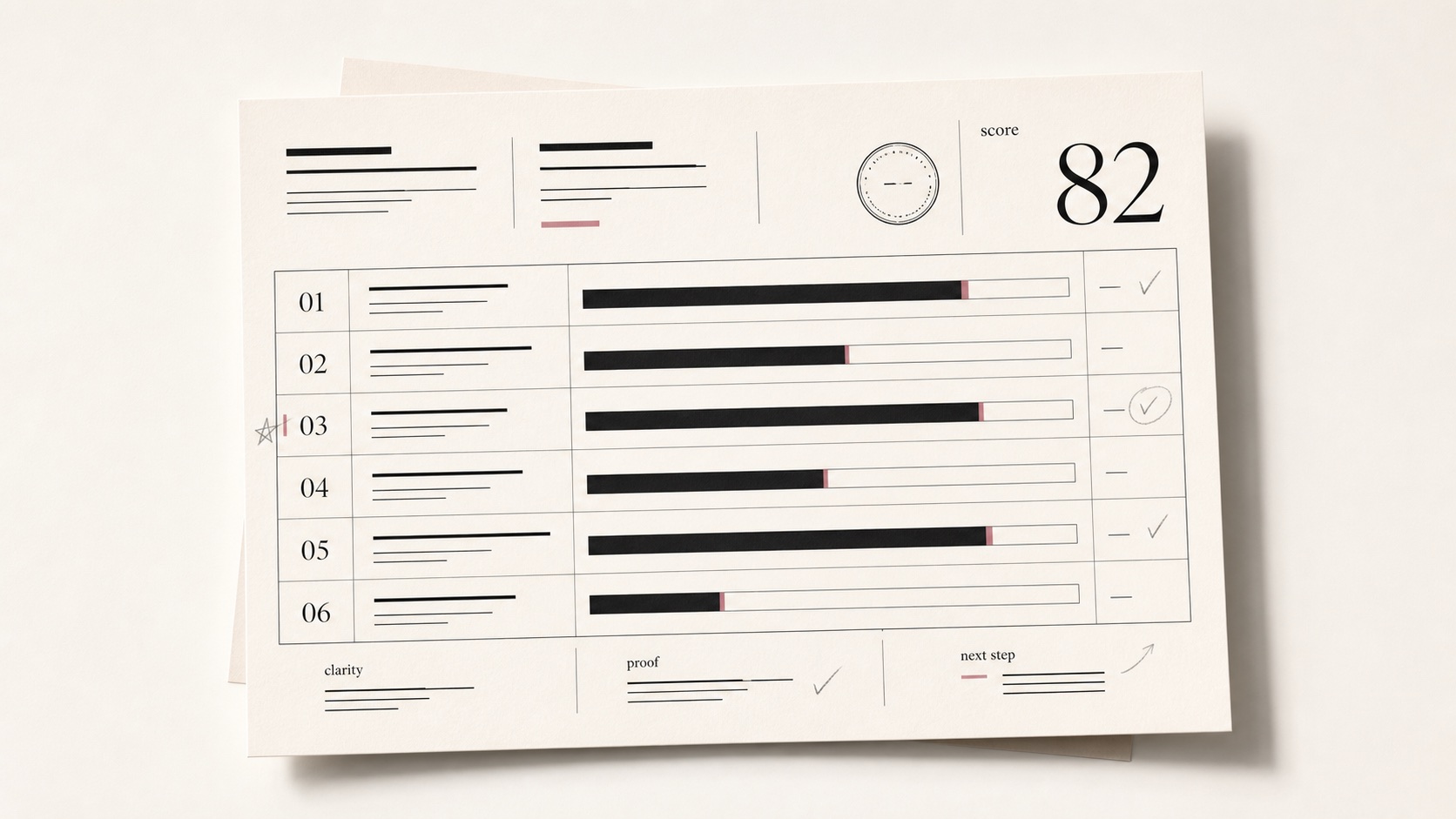 Brand clarity scorecard graphic with numbered rows, score bars and an elegant score number