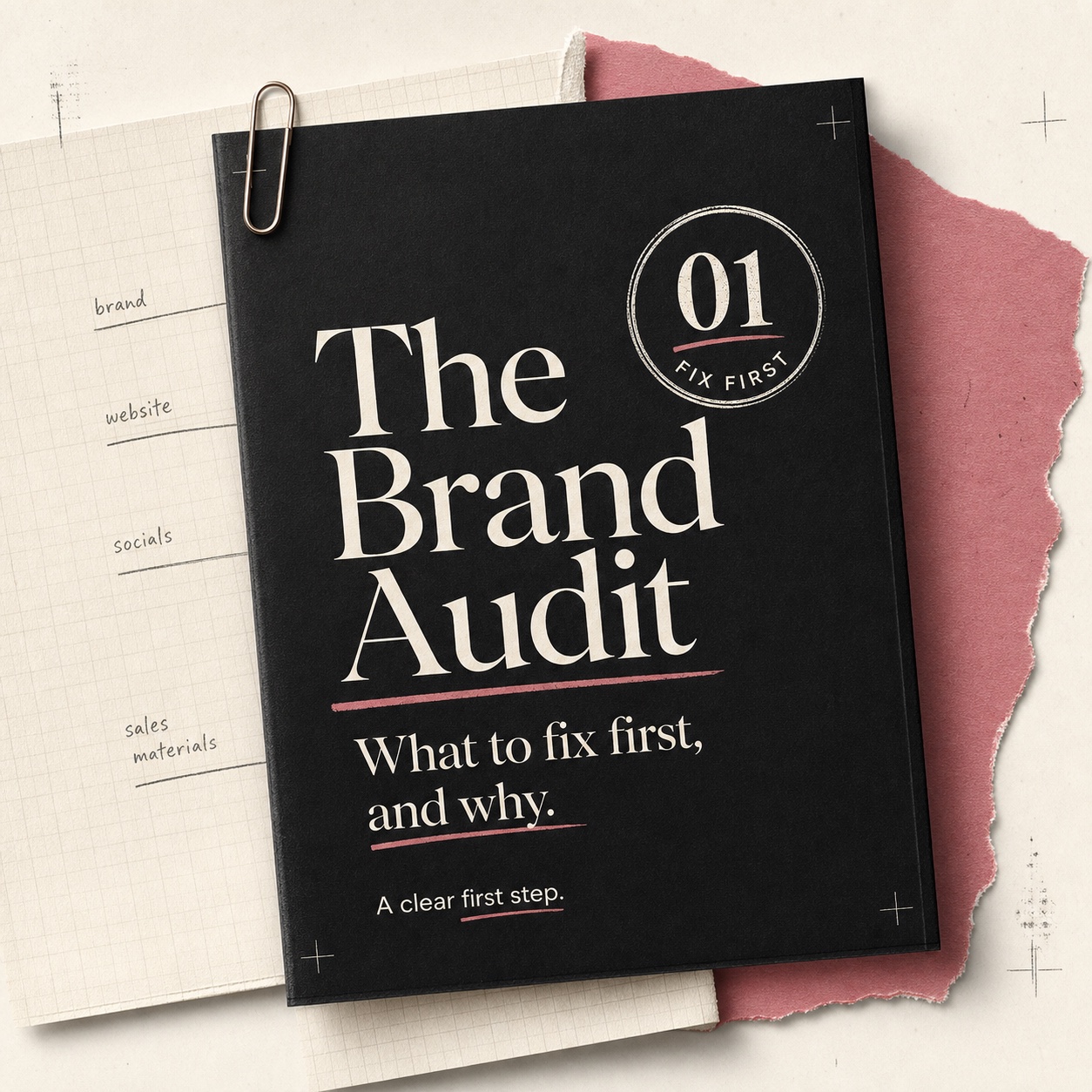 The Brand Audit black booklet on layered paper, with the words what to fix first and why